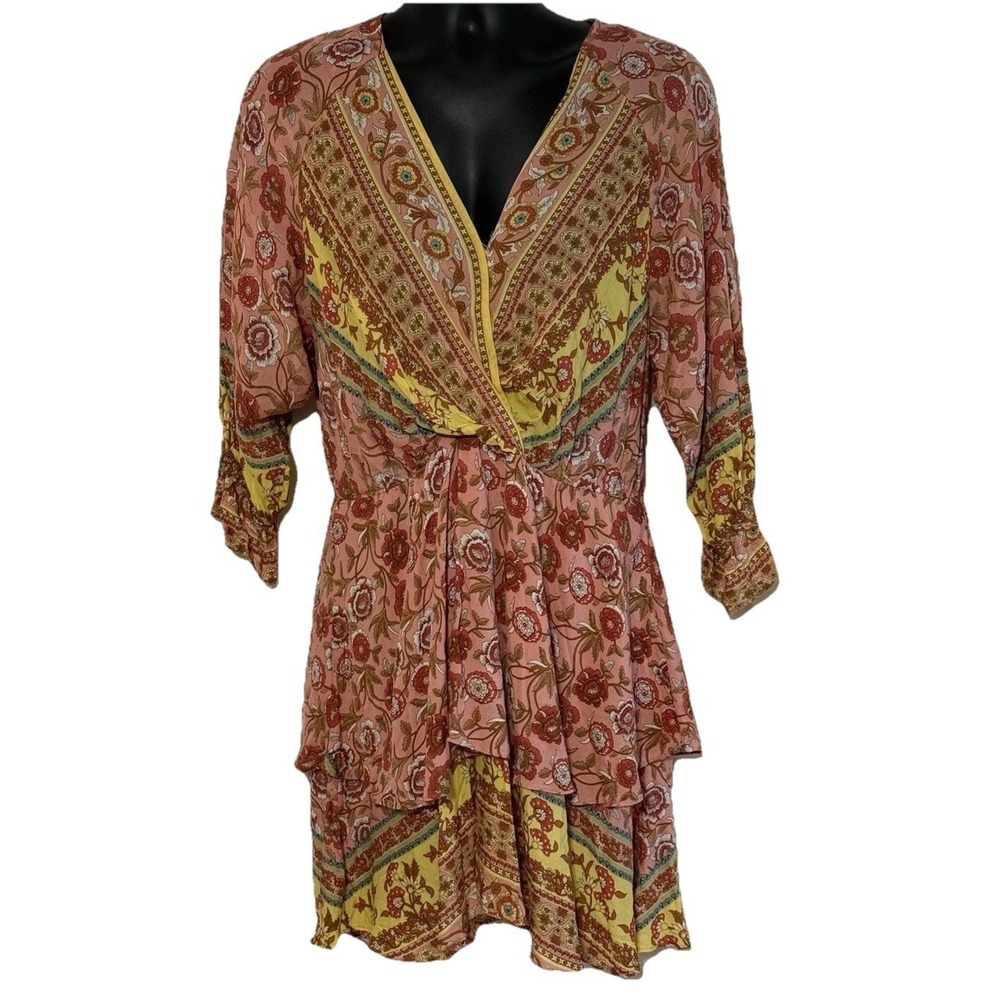 Umgee Floral Boho Hippie Festival Tiered To Knee Dress Sz L Baby Doll